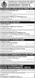 National College of Arts Lahore Admission in Postgraduate Programs Session 2017