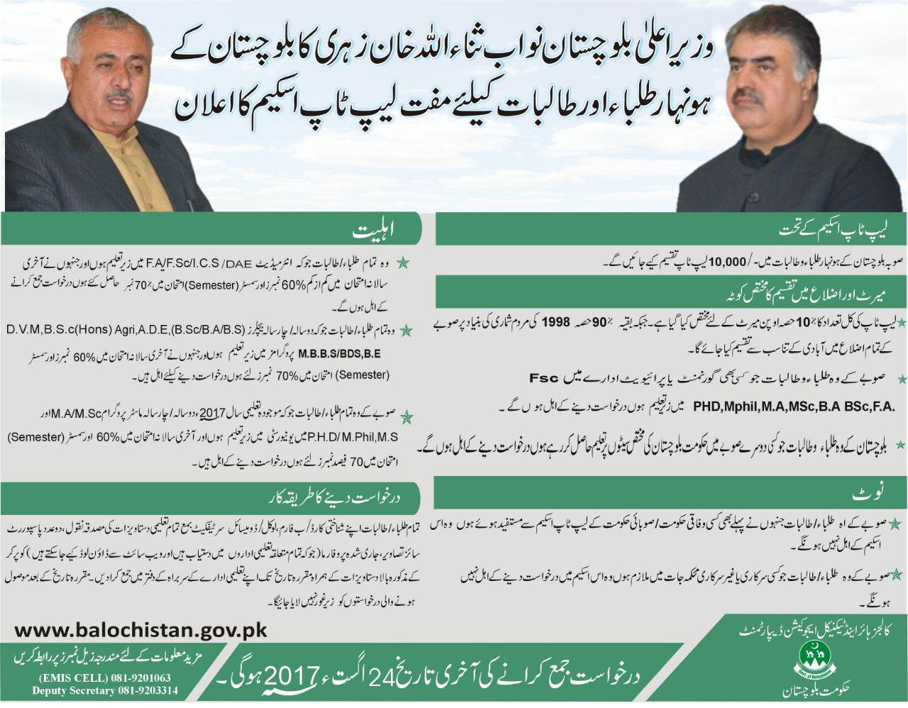 CM Balochistan Free Laptop Scheme 2017 Form, Distribution Schedule