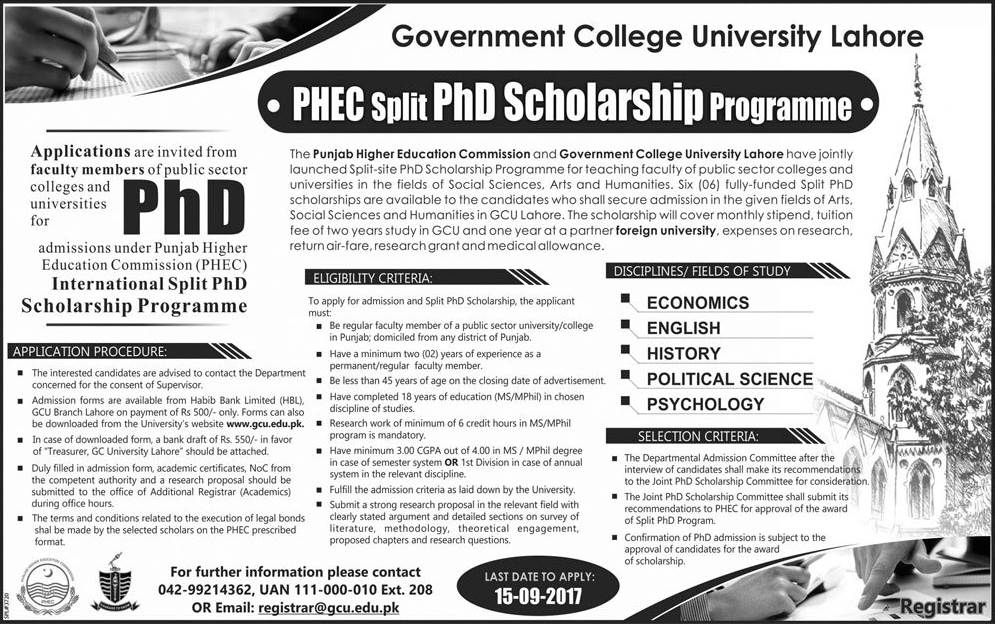 GC University Lahore PHEC Split PhD Scholarship Program 2017