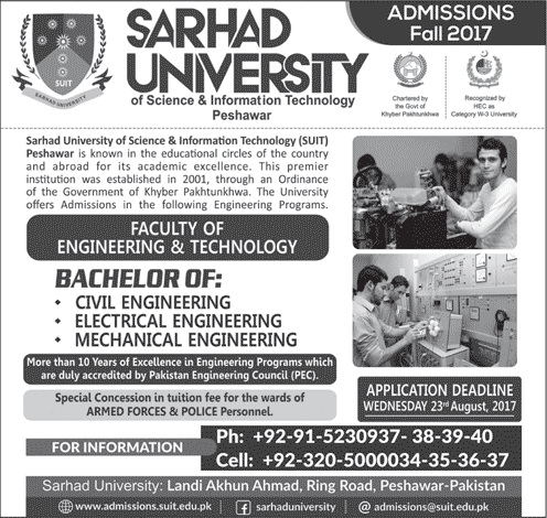 Sarhad University SUIT Peshawar Admission 2017 in BE Civil, Electrical & Mechanical