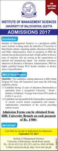 Institute of Management Sciences, UOB Quetta Admission 2017 