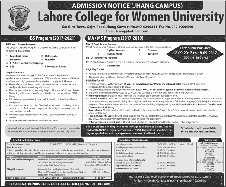 LCWU Jhang Campus Admission 2017 in BS, MA & MS