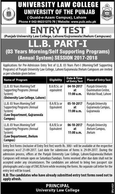 Punjab University Law College LLB 3 Years Entry Test 2017