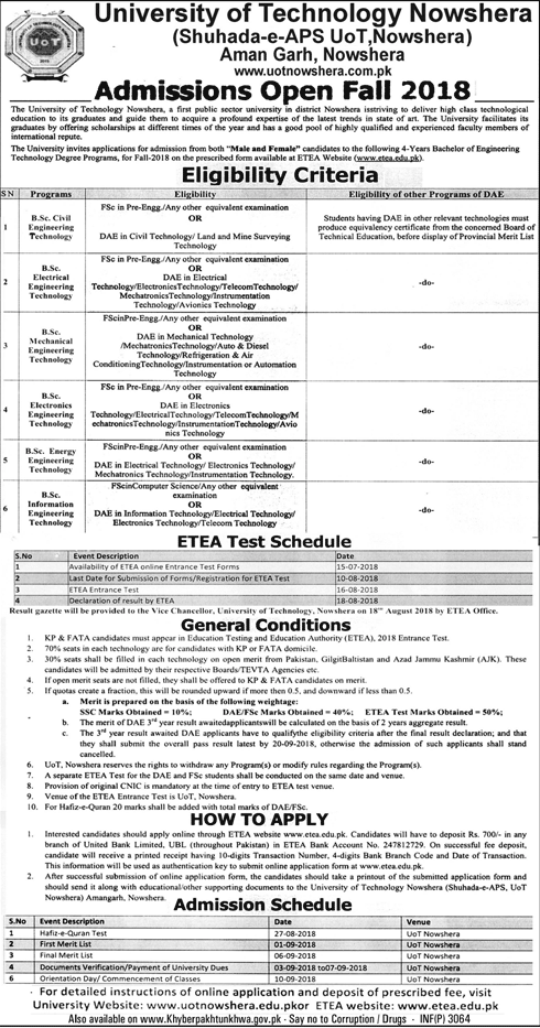 University of Technology Nowshera Admission 2018, ETEA Test Schedule