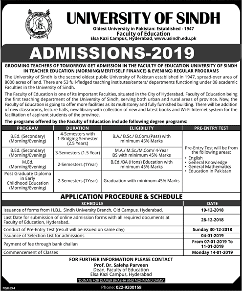 University of Sindh Spring Admission 2019-20, Faculty of Education