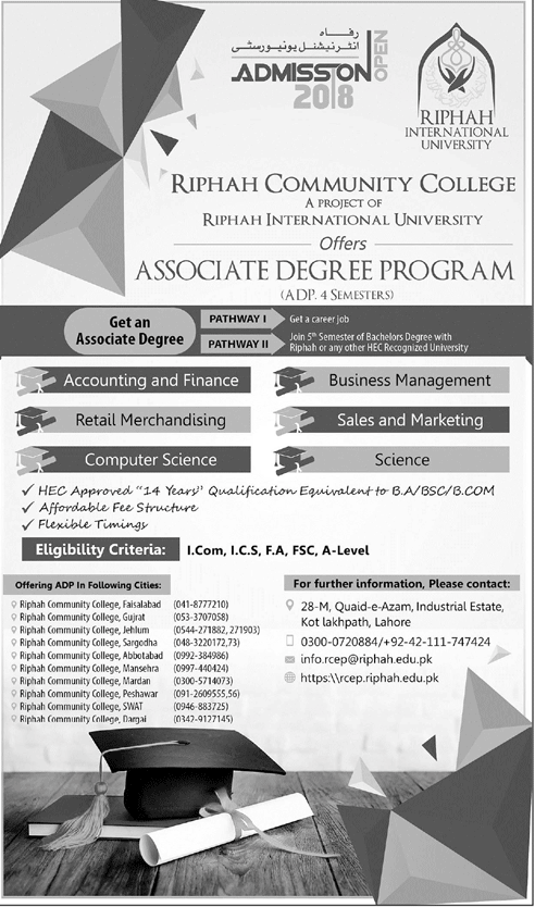 Riphah Community College Lahore Admission 2018 in Associate Degree ADP Programs