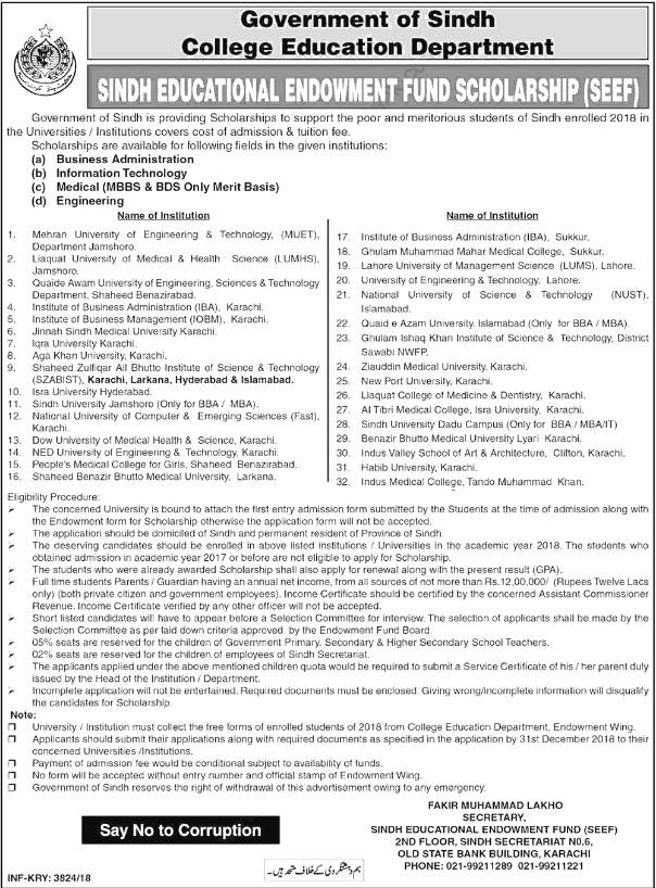 Sindh Educational Endowment Fund SEEF Scholarships 2018 College Education Dept
