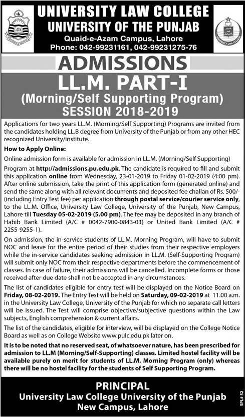 Punjab University Law College Lahore LLM Admission 2019