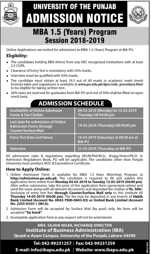 Punjab University Lahore Admission 2019 in MBA 1.5 Years Program