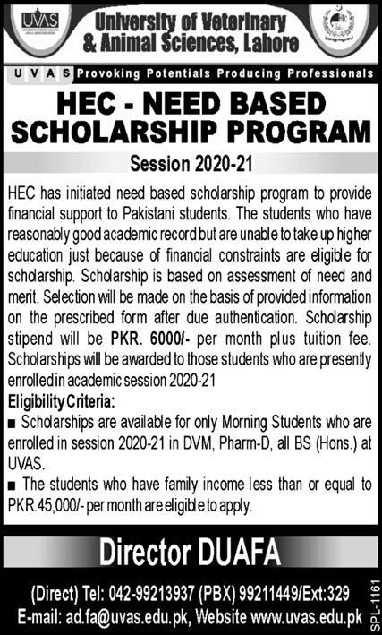 UVAS Has Invited Applications For HEC Need Base Scholarships 2020
