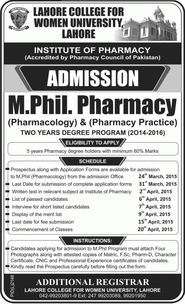 LCWU Pharm D & MPhil Pharmacy Admission 2024, Merit Lists