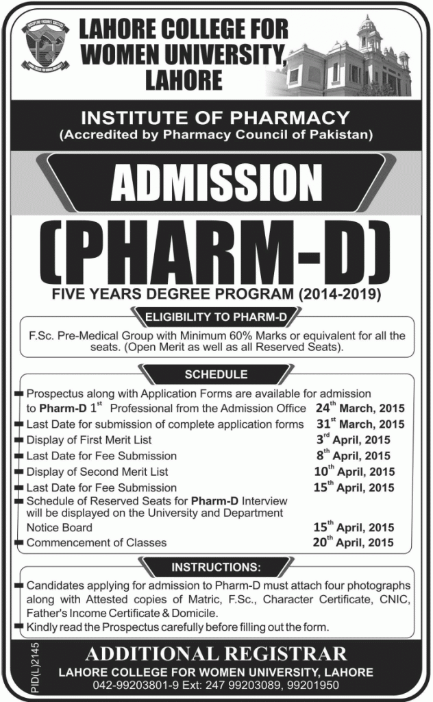 LCWU Pharm D & MPhil Pharmacy Admission 2025, Merit Lists