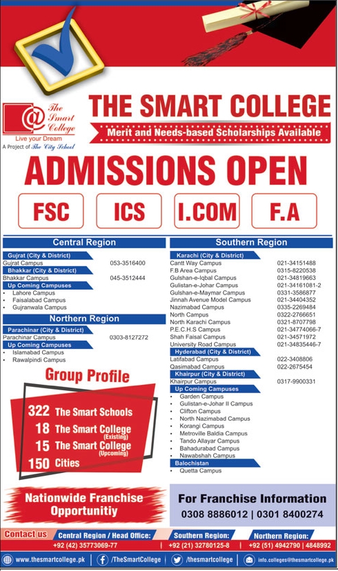 The Smart College FSc, ICS, ICom & FA Admission 2024 & Scholarships