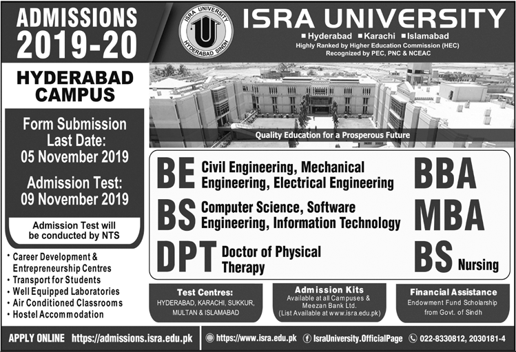 Isra University BE, BS, DPT, MBA & BBA Admission 2019