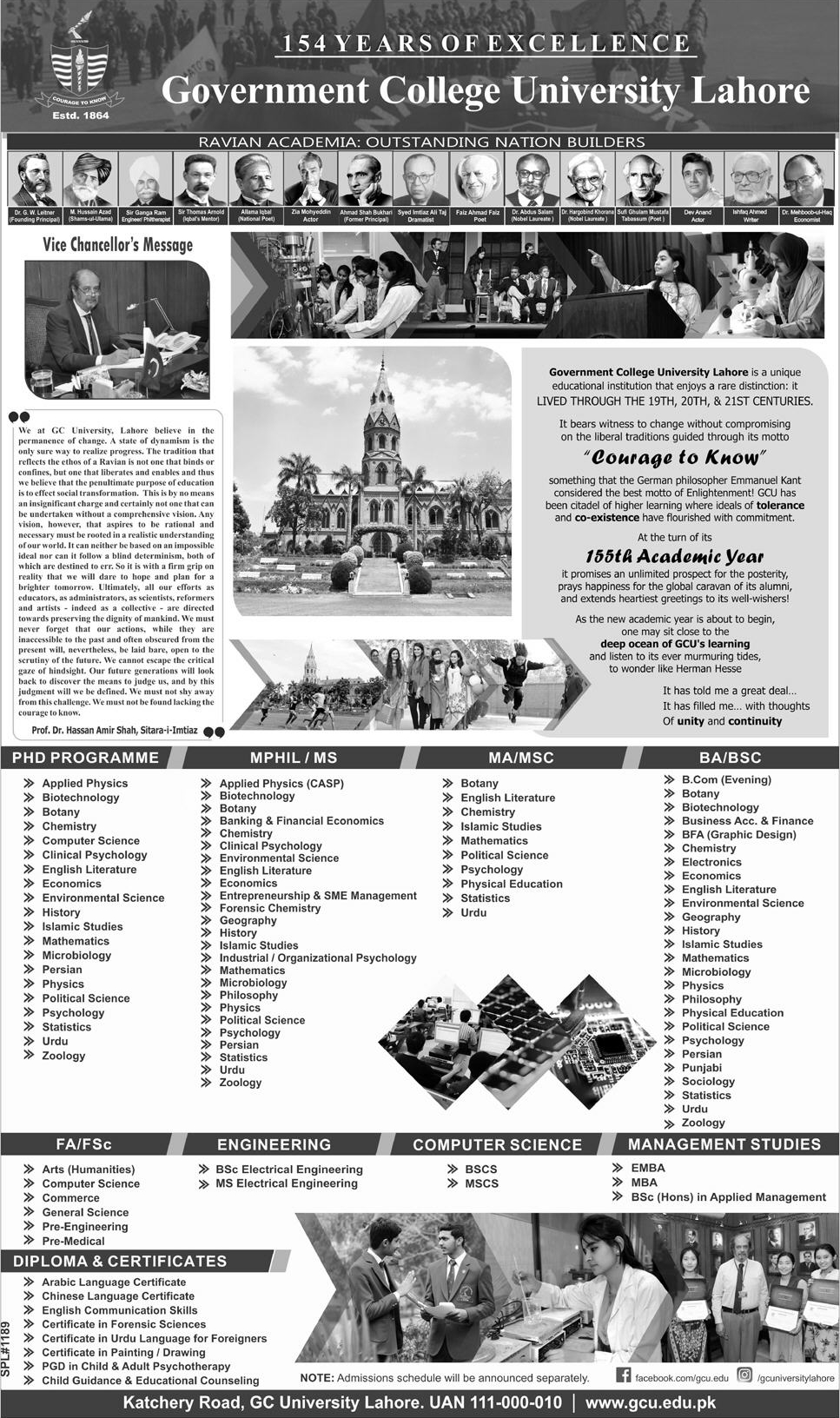 GC University Lahore List of All Programs For Admission 2021