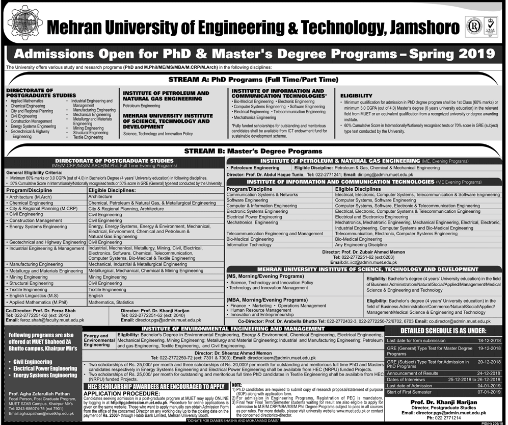 Mehran University of Engineering and Technology Masters & PhD Admission 2019