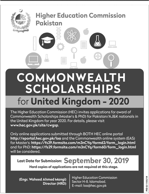 HEC Commonwealth Scholarships 2020 For PhD in UK