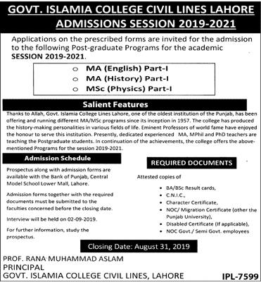 Islamia College Civil Lines Lahore MA/M.Sc Admission 2019