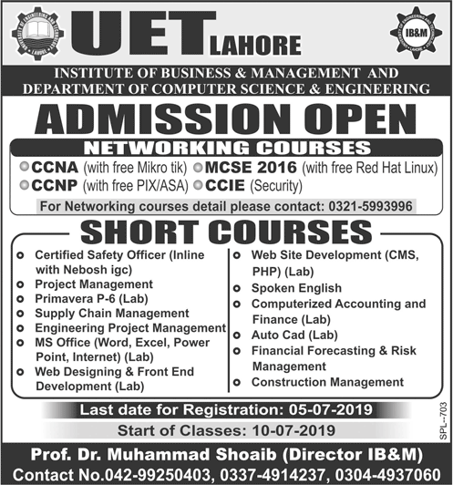 UET Lahore Admission 2019 in Networking, Computer & Short Courses 