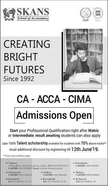 Skans School of Accountancy Admission 2019 in CA, ACCA & CIMA, Scholarships