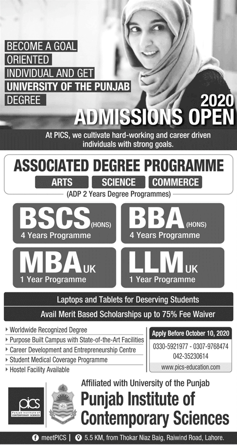 PICS Admission in ADP, LLM, Computer Science & Business Administration 2020