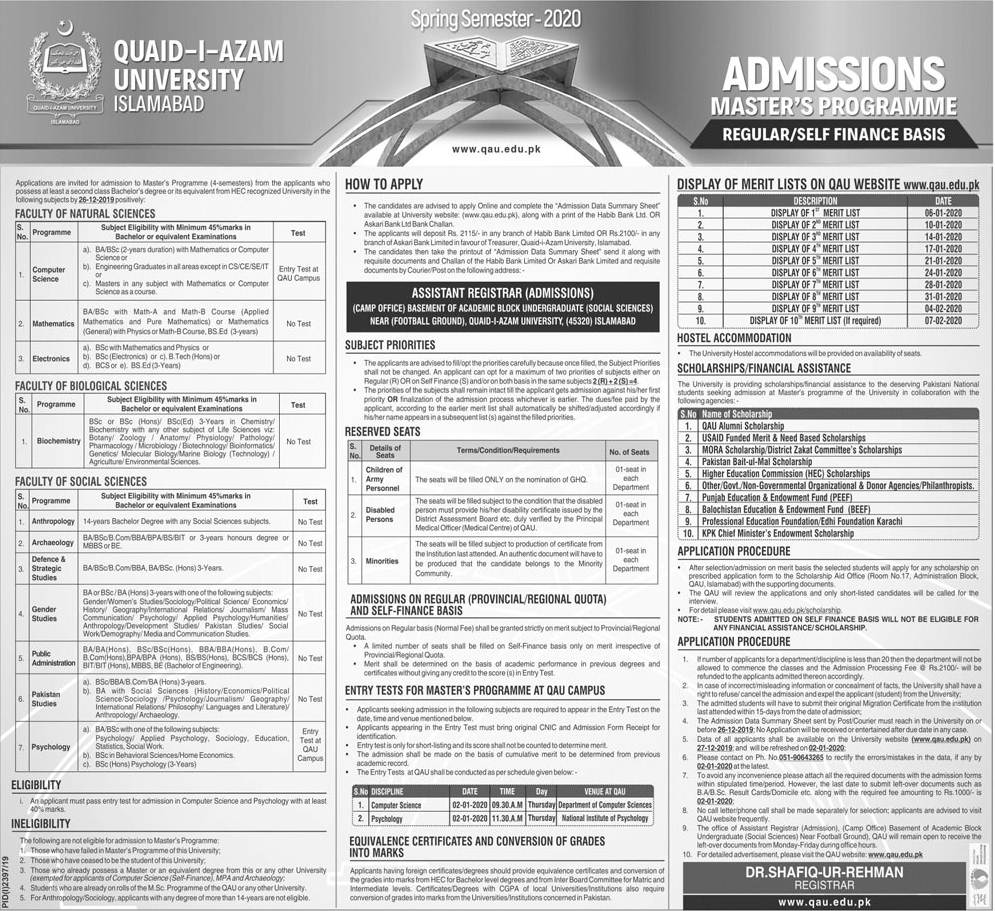 Quaid e Azam University Master Admission Spring 2020, Form, Merit List