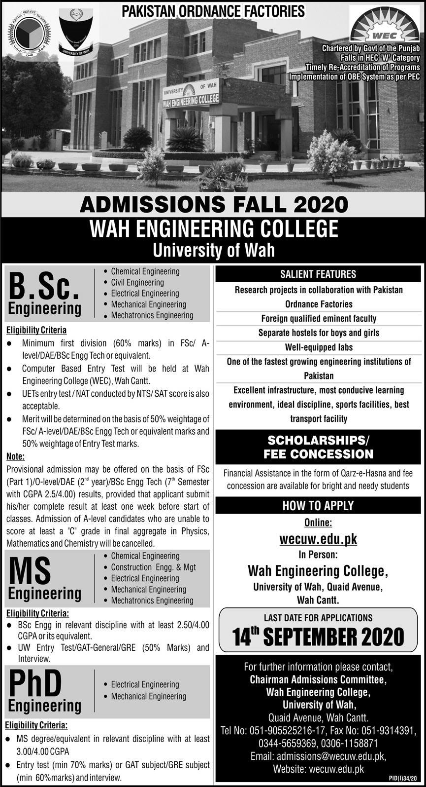 Wah Engineering College UOW BSc Engg, MS & PhD Admission 2020