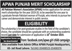 APWA Punjab Merit Scholarship 2019, Download Form