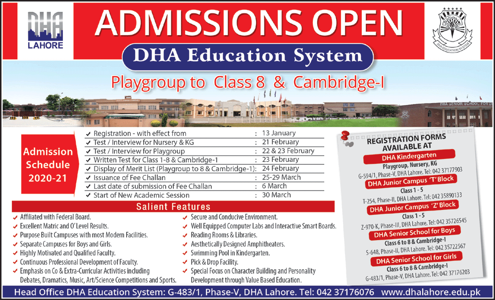 DHA Education System Admission 2020 in Play Group to 8th & Cambridge-1