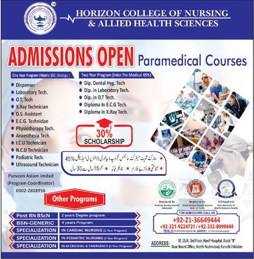 Horizon College of Nursing & Allied Health Sciences Karachi Admission 2024