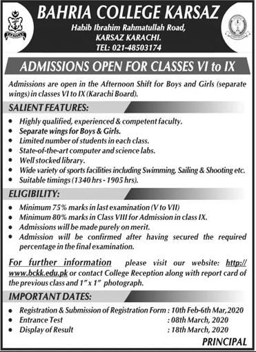 Bahria College Karsaz Admission 2020 in Class 6th to 9th, Form & Test Result