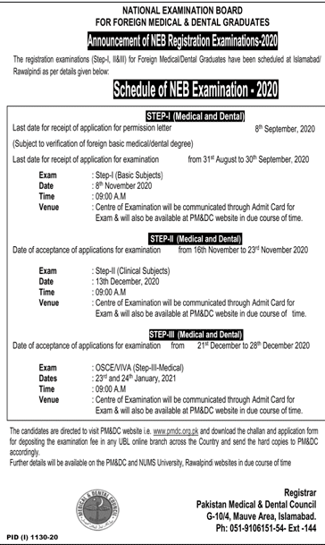 PMDC NEB Exam Registration 2020 Schedule For Foreign MBBS & BDS Doctors