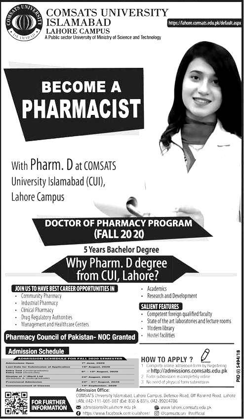 Comsats University CUI Lahore Campus Admission 2020 in Pharm.D, Apply Online