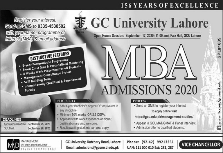 GCU Lahore MBA Admission 2023 Schedule, Apply Online