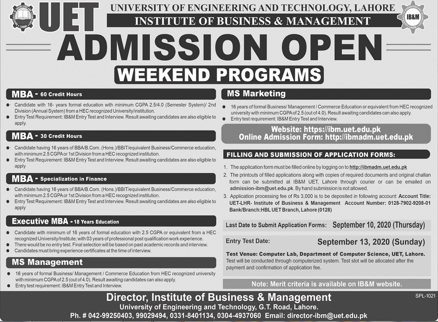 IB&M UET Lahore MBA, BBA, BBIT, MS & MBA Executive Admission 2020, Apply Online