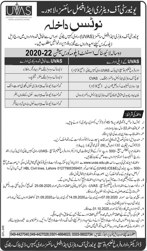 UVAS Lahore Livestock Associate Degree Admission 2020, Form, Merit List