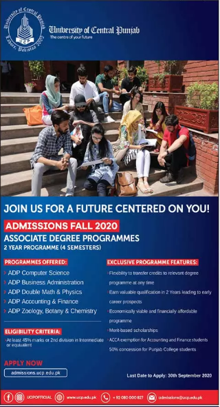 University of Central Punjab Admission 2020 in Associate Degree Programs (ADP)