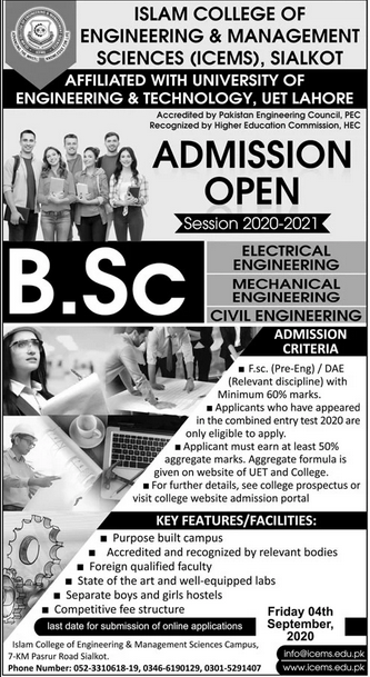 Islam College of Engineering & Management Sciences (ICEMS) Sialkot Admission 2020