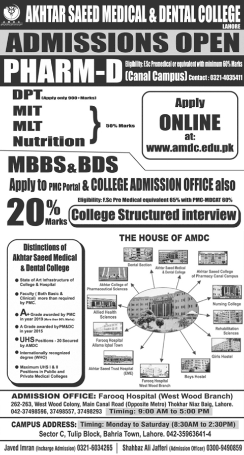 Akhtar Saeed Medical & Dental College Lahore Admission 2021