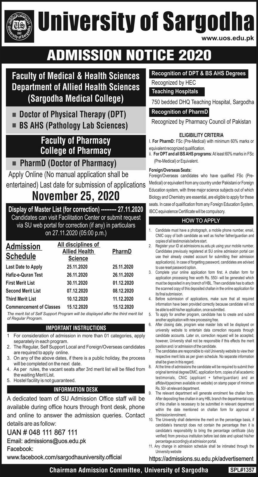 University of Sargodha DPT, BS AHS & Pharm-D Admission 2020