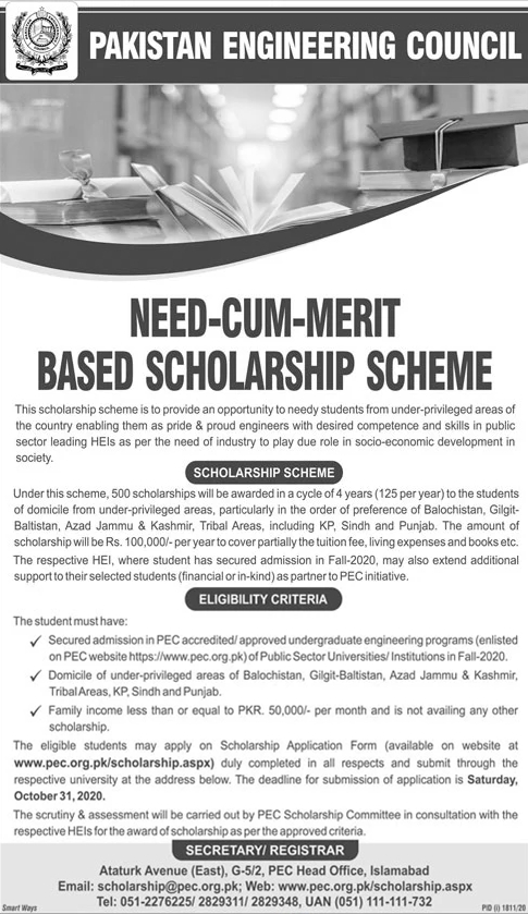 Pakistan Engineering Council Need Cum Merit Based Scholarship Scheme 2020