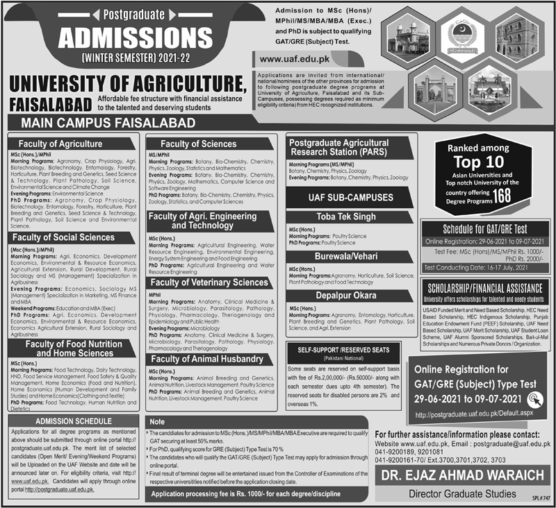 University of Agriculture Faisalabad Admission 2021 in Main & Sub Campuses