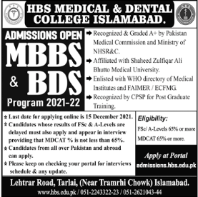 HBS Medical & Dental College Islamabad Admission 2021 in MBBS & BDS