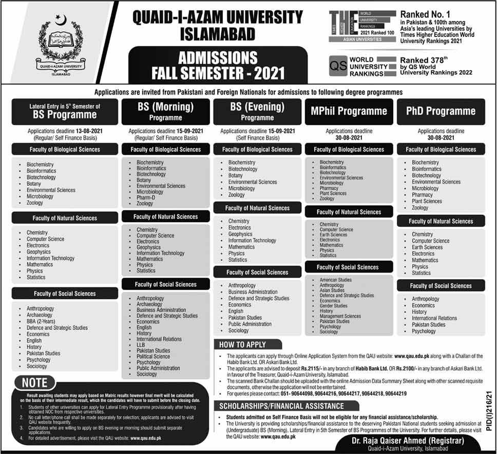 Quaid e Azam University Admission 2021