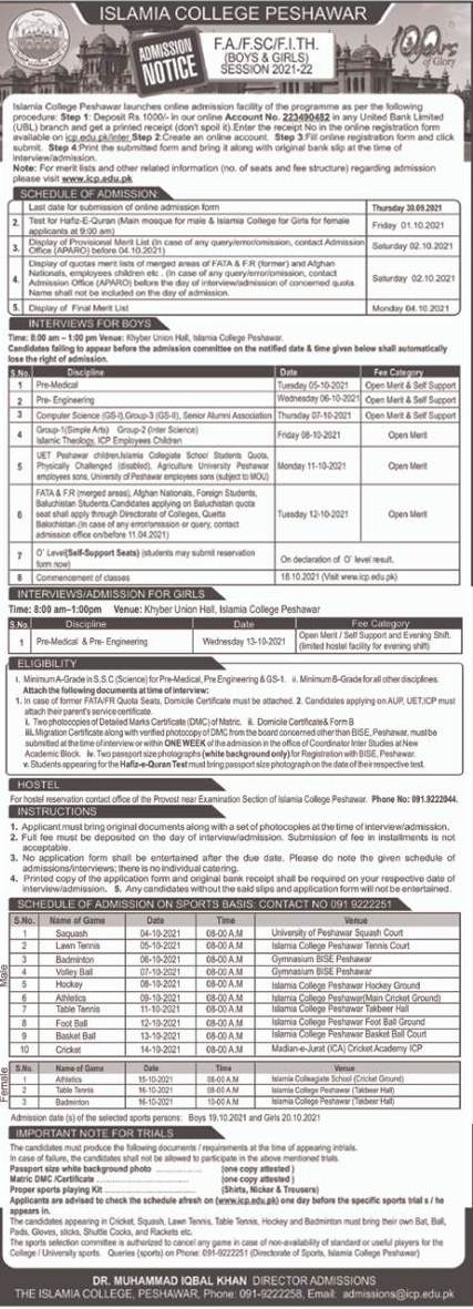 Islamia College Peshawar 1st Year Admission 2021, Form, Merit Lists