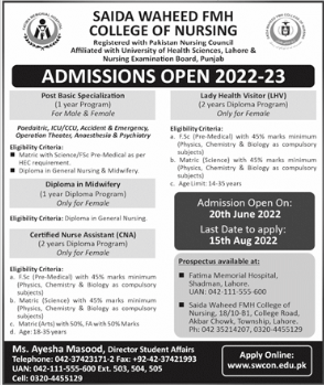 Saeeda Waheed FMH College of Nursing Lahore Admission 2022, Form, Test Result