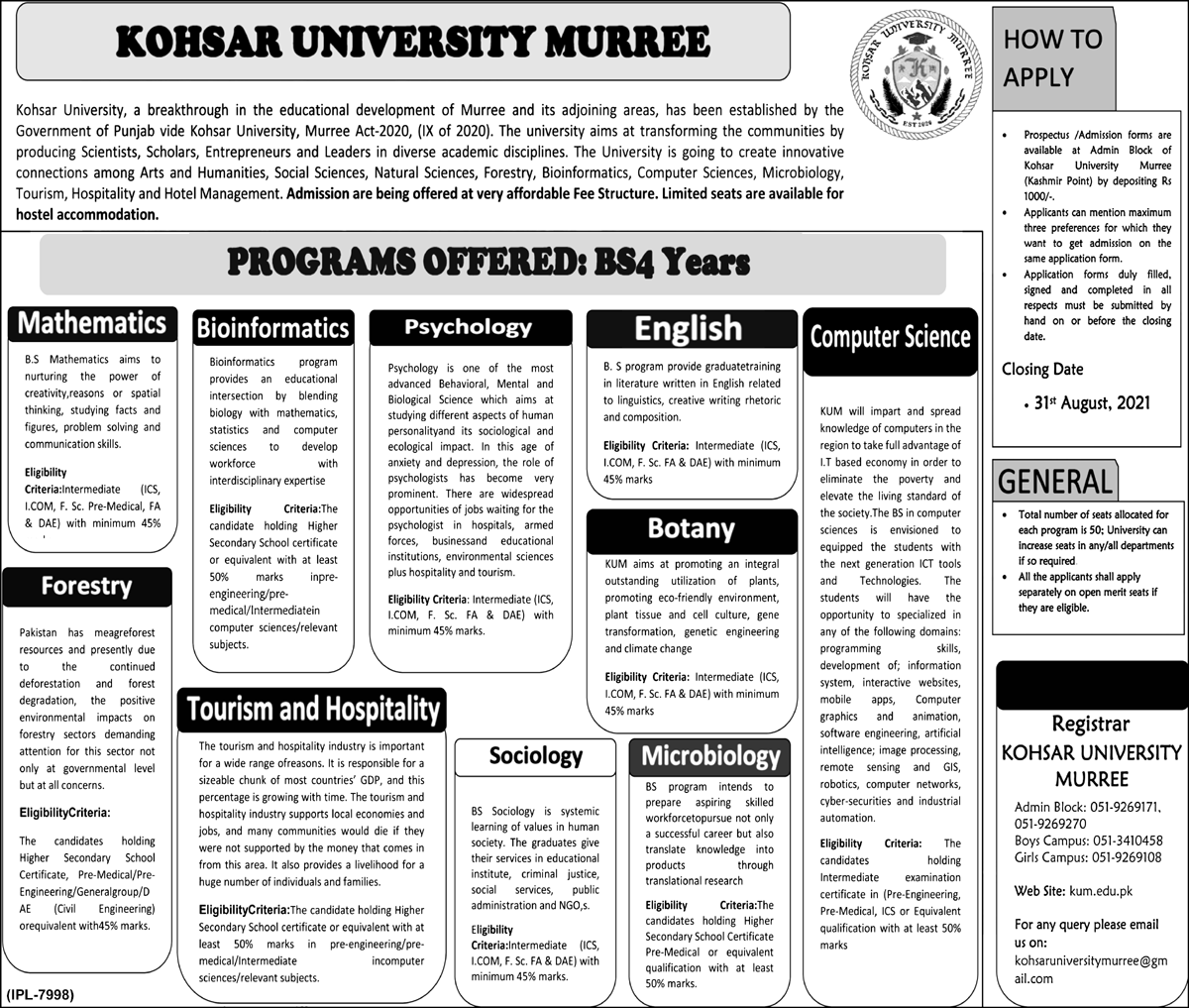 Kohsar University Murree Admission 2021 in BS Programs, Form, Last Date