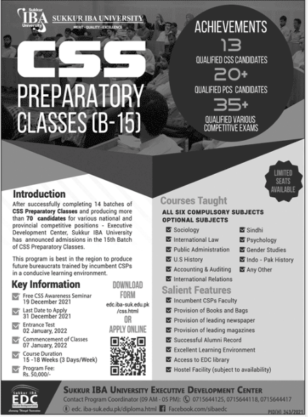 IBA Sukkur CSS Preparatory Classes 2022 (Executive Development Center)