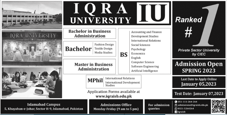 Iqra University Admission 2023, Application Form Download
