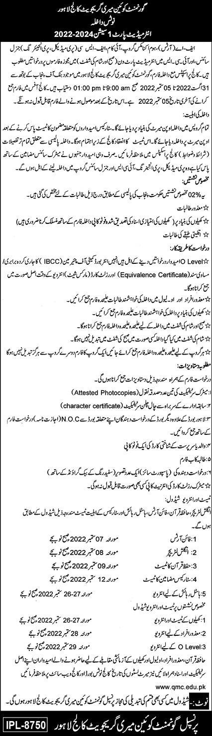 Queen Marry College Lahore Inter Admission 2022 & Merit List